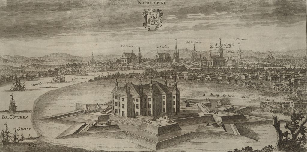 Norrköping i planschverket ”Suecia antiqua et hodierna”, graverad av Johannes van den Aveelen 1706.